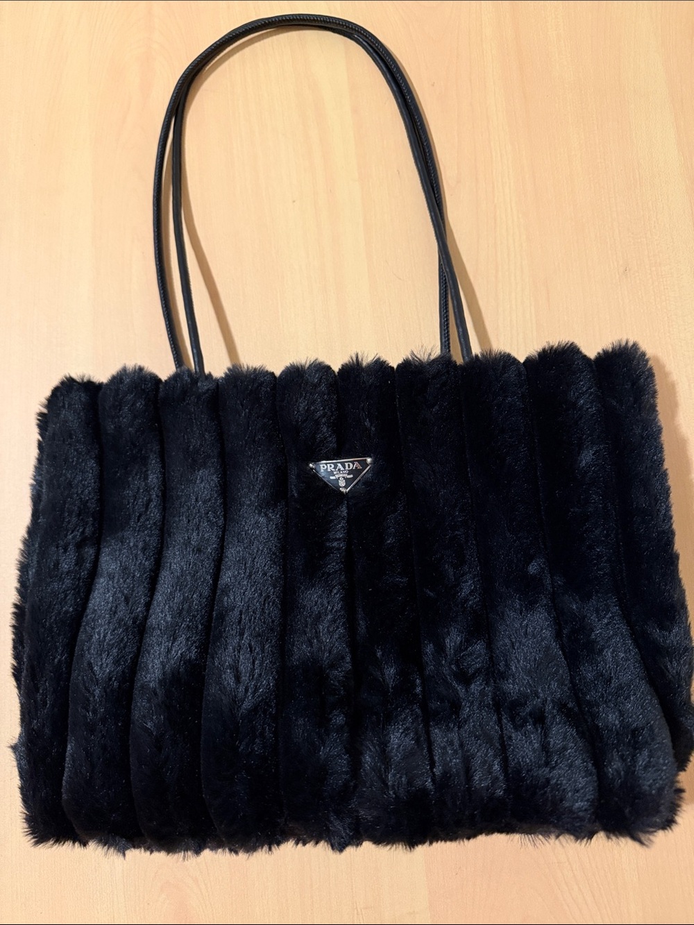 Prada Black Mink Faux Fur Vertical-Rib Tote